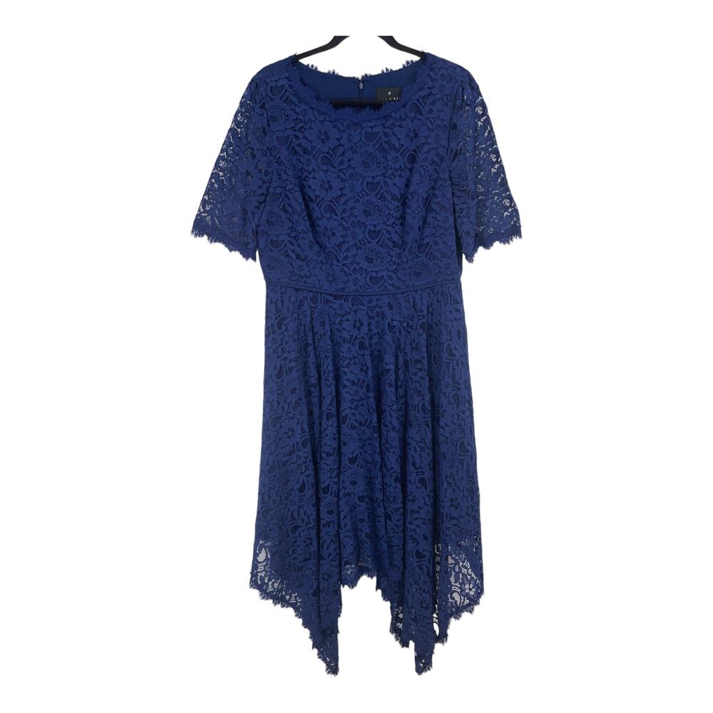 By Shani Dress lace asymmetrical sharkbite hem midi blue size 14